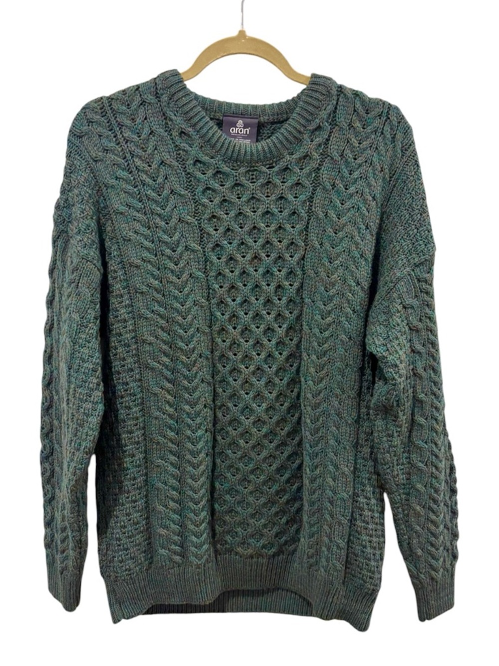 Aran Mills Men’s Merino Wool Crew Neck Cable Knit Sweater Medium Ireland EUC